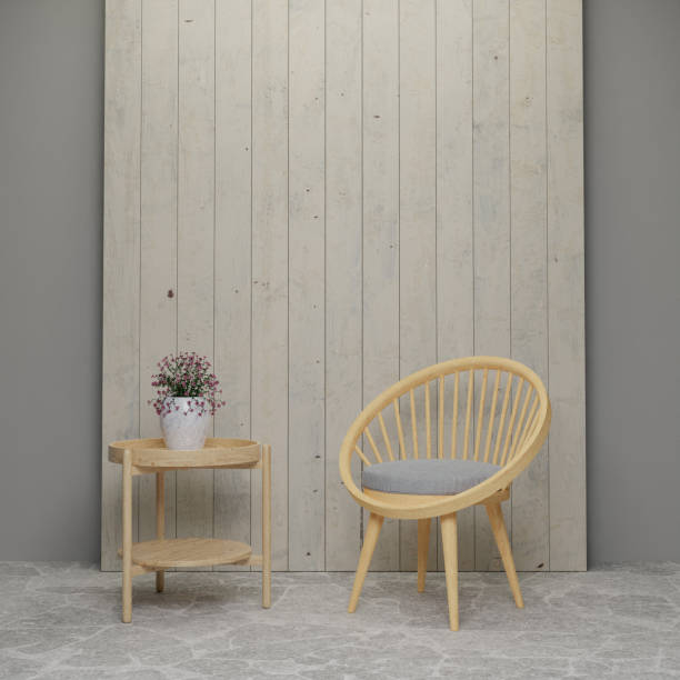 istock 3D rendering wood chair in living room with table 1442302119