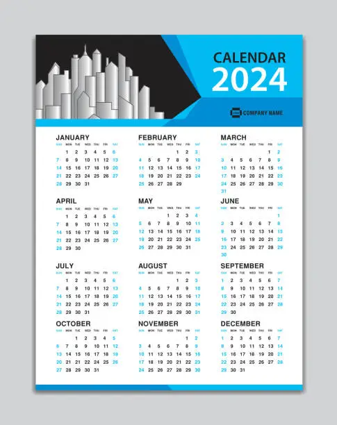 Vector illustration of Calendar 2024 template, Wall Calendar 2024 year, Desk Calendar 2024 Design, Week Start On Sunday, Poster, Planner, Stationery, Printing, vertical artwork, Blue polygon background concept