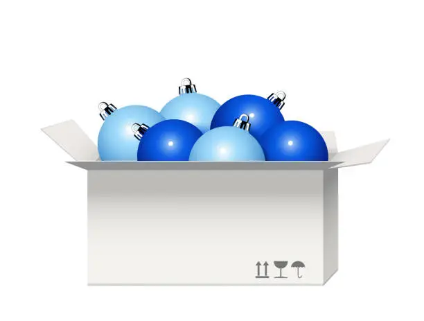 Vector illustration of Box with glass Christmas balls,
Christmas decoration made of blue glass balls,
Vector illustration isolated on white background