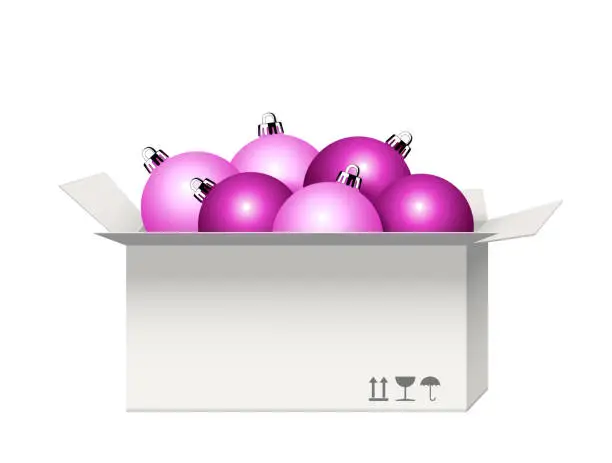 Vector illustration of Box with glass Christmas balls,
Christmas decoration made of pink glass balls,
Vector illustration isolated on white background