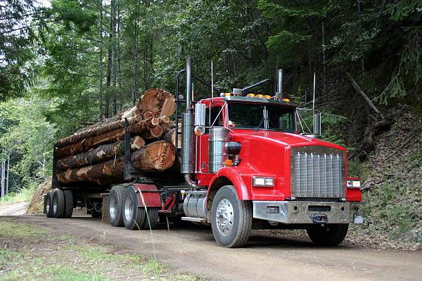 camion rosso log - lumber industry timber tree redwood foto e immagini stock