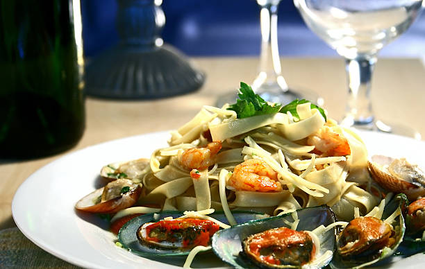 seafood pasta stock photo