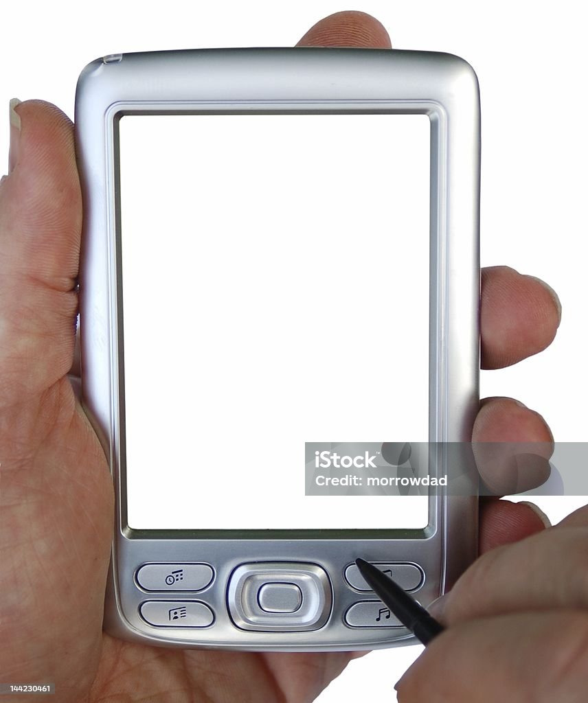 PDA realizada em mãos isolado no fundo branco - Foto de stock de Agenda Eletrônica royalty-free