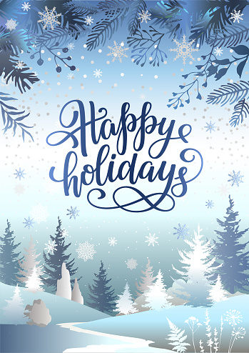 Happy holidays greeting card with spruce forest and lettering inscription. Winter holiday banner. Vector illustration.