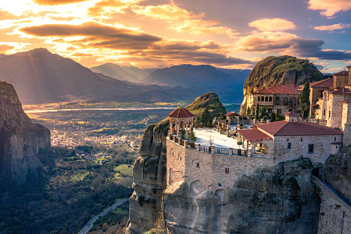 View of Meteora Monastery, Greece. Geological formations of big rocks with Monasteries  on top of them.