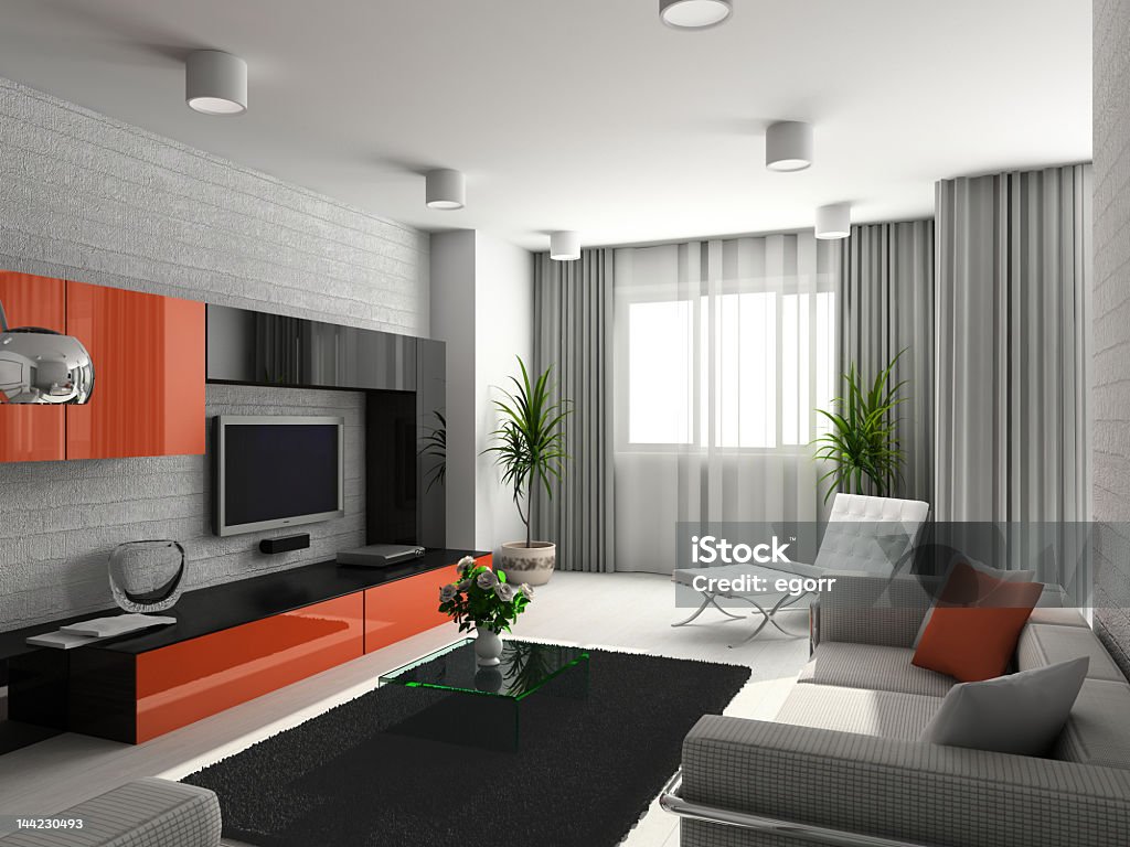 A modern looking living room with orange and white accents Modern interior. 3D render. Living-room. Exclusive design. Curtain Stock Photo