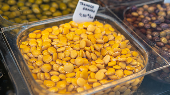 salted Lupin Beans on market in Portugal, Europe