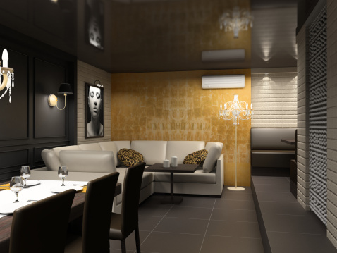 Modern interior with the fashionable picture. Design of dining-room.