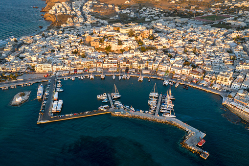NAXOS ISLAND, GREECE - OCTOBER 23, 2016: Port with boats in Naxos Chora town, Naxos island in Greece
