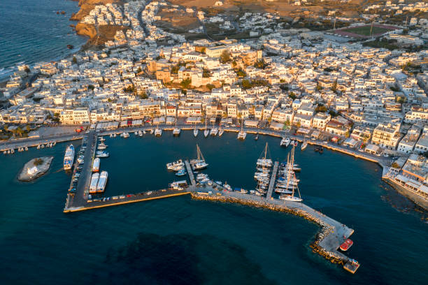 Aerial View of Naxos Town with Harbor at Sunset, Cyclades Islands, Greece stock photo