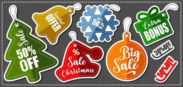 Vector illustration of Set of Christmas Stickers with outline and shadows on dark Background - Sale tags - Banners price and discount labels - Vector illustration