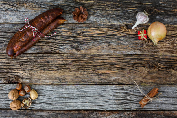 istock Rusticl table top view with home made sausages and other decor 1442308125