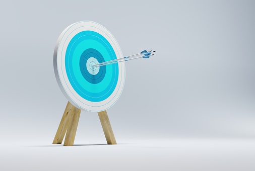 Archery target on a light background. The concept of fulfilling the goal, striving to implement plans. 3D render, 3D illustration.