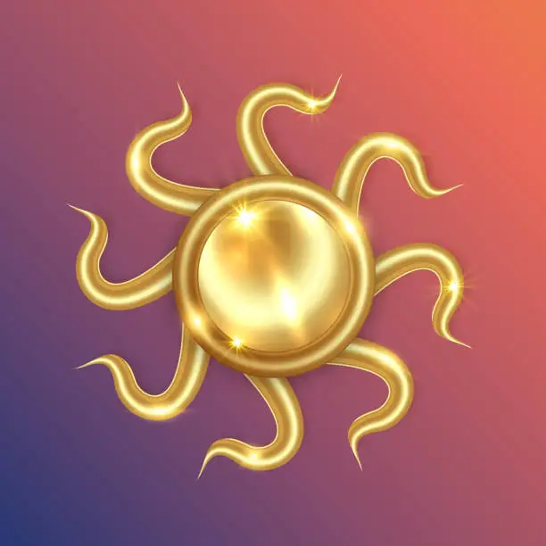 Vector illustration of Gold sun luxury logo icon. Abstract golden sunburst isolated on colorful background. Vintage sacred shiny sun burst design element. Geometric shape, light rays, summer. Vector illustration