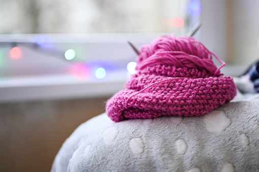 Knitting yarn balls and needles. eco friendly knitting. Winter mood