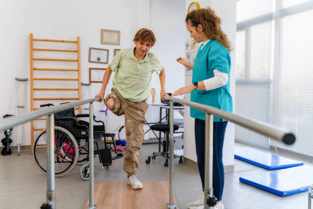 istock Disabled Young amputed leg military  soldier doing physical therapy 1442311529