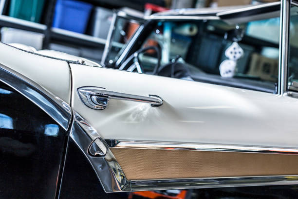 Buenos Aires, Argentina - Feb 25, 2024: Old red 1950 Ford Mercury Eight convertible two door at a classic car show in a parking lot. Copy space