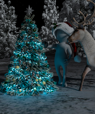 3d cartoon character in Santa Claus clothes over a Christmas night background in the forest - 3d rendering