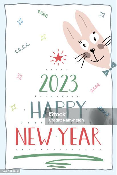 A Happy New Year Card Cute Funny Bunny Peeking Out From Around The Corner  Stock Illustration - Download Image Now - iStock