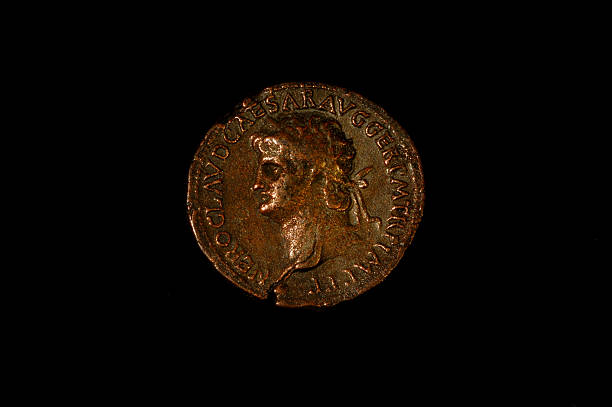 Roman Coin Roman coin depicting Sestertius of Nero showing the portrait of a Roman soldier ancient coins of greece stock pictures, royalty-free photos & images
