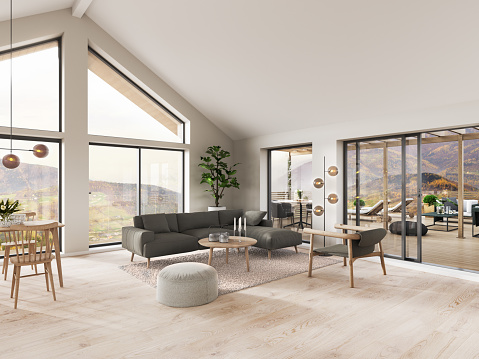 Modern interior with a large terrace. Render image.