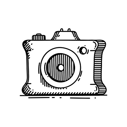 Camera Line icon, Sketch Design, Pixel perfect, Editable stroke. Photo, Video, Film, Entertainment, Hobby, Lens.