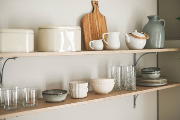 interior of home kitchen and kitchen utensils stock photo