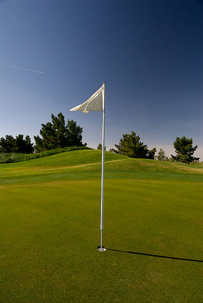 istock golf green with flag in hole against blue sky 144232102