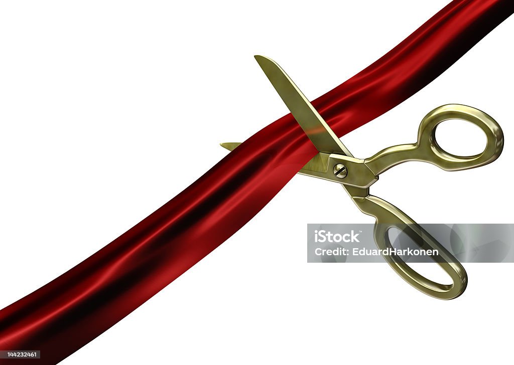 Scissors cutting red ribbon Isolated scissors cutting red ribbon on white background Ribbon - Sewing Item Stock Photo