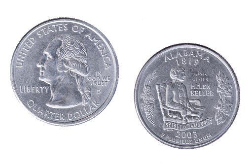 Obverse and reverse sides of the Alabama 2008D State Commemorative Quarter isolated on a white background