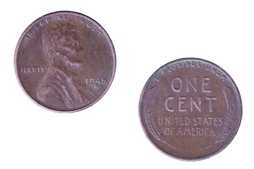 Obverse and reverse sides of an American Wheat Penny isolated on a white background