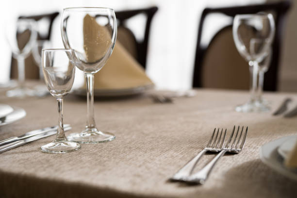 istock empty goblets and other cutlery are served on the festive table. 1442329062