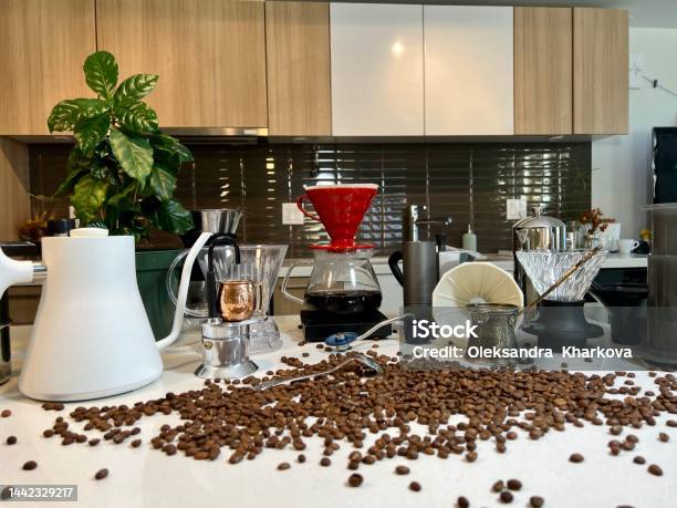 Accessories And Items For Coffee On A Background Of A Brick Wall School Barista Equipment For Cafes Stock Photo - Download Image Now
