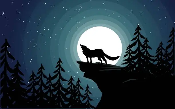 Vector illustration of howling wolf standing on the hill in the moonlight and starry night in forest