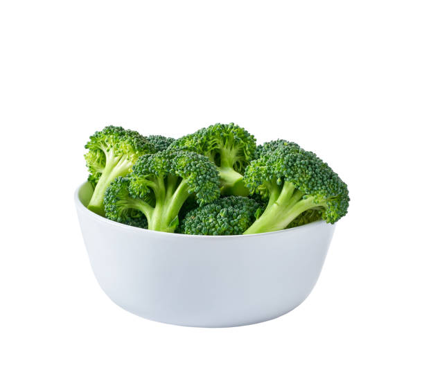 istock Raw green organic broccoli in a ceramic plate isolated on white background. 1442331045