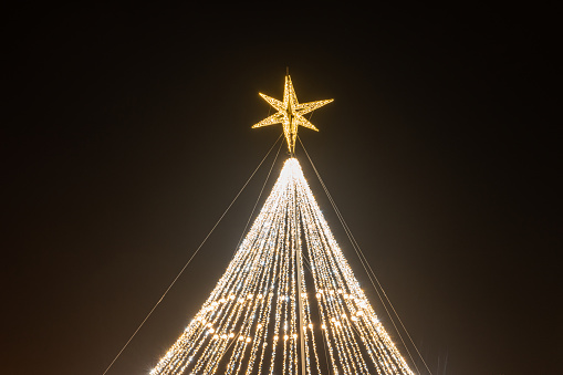 Holiday background with illuminated Christmas tree under starry night sky.