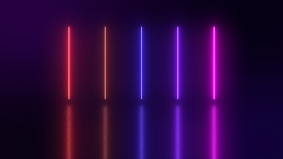 Animation of glowing vertical neon lines on reflecting floor. Flashing retro neon light.