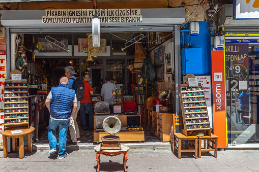 Istanbul, Turkey - May 21, 2022: Music shop in Balat district