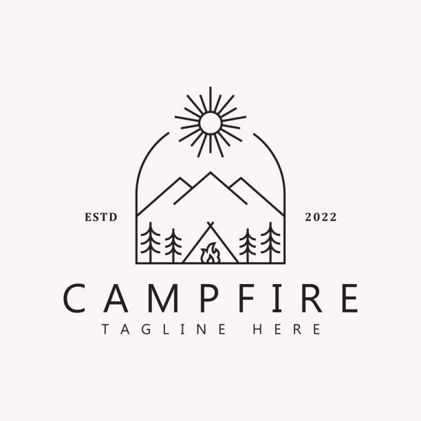 koncepcja logo campfire z prostą linią styliczną. branding i nadruk na koszulkę. - outline hiking woods forest stock illustrations