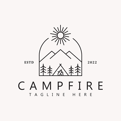 Campfire Logo Concept with Simple Style Line. Branding and Design Printing for T-Shirt.