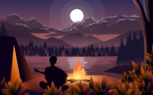 night landscape with a man camping at lake. vector nature illustration