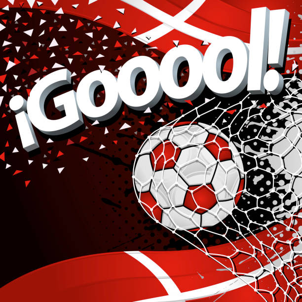 istock Word GOOOOL next to a soccer ball scoring a goal on a background of Denmark flags and white and red confetti. Vector image 1442336410