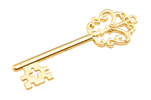 Success and secret concept with vintage old-fashioned polished and glossy skeleton key isolated on white background with clipping path cutout