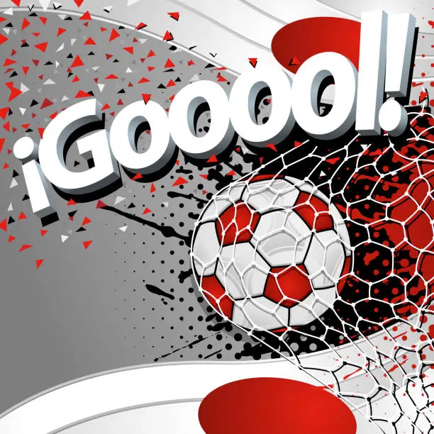 Vector illustration of Word GOOOOL next to a soccer ball scoring a goal on a background of Japanese flags and red and white confetti. Vector image