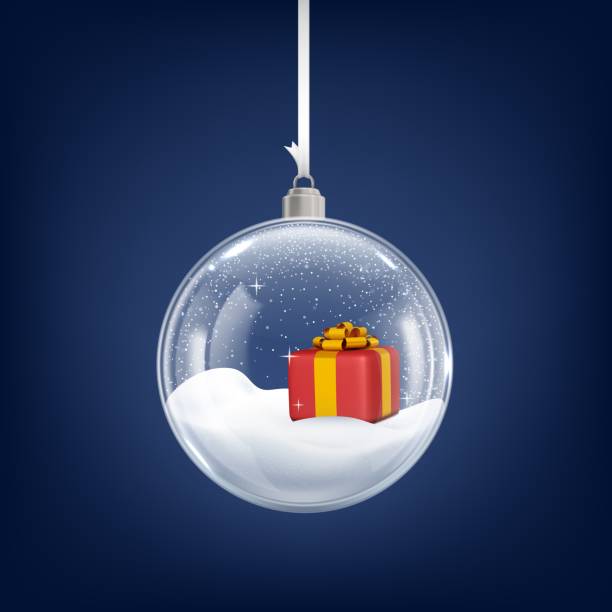 ilustraciones, imágenes clip art, dibujos animados e iconos de stock de globo de nieve transparente con caja de regalo 3d y nevadas. bola de cristal navideña realista en la cinta. juguete de árbol de navidad, decoración vectorial de año nuevo - snow globe dome glass transparent