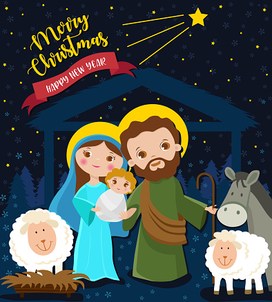 Christmas eve nativity scene, the birth of our Lord Jesus Christ in the manger with Merry Christmas and Happy New Year greetings.
