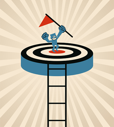 Blue Cartoon Characters Design Vector Art Illustration.
A businessman climbing the Ladder of Success and achieving his goals.