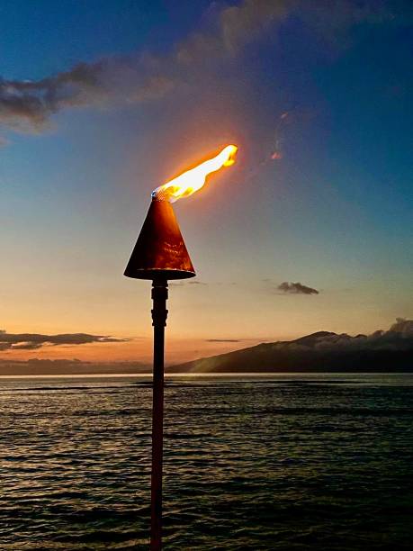 istock Single Tiki Torch with late sunset sky 1442342668