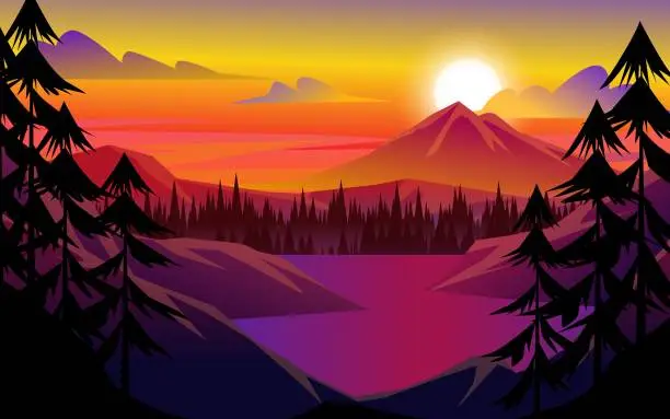 Vector illustration of Vector flat mountain sunrise