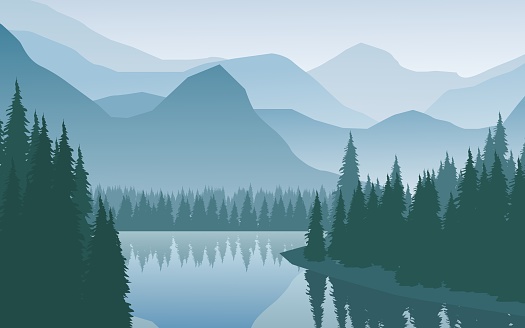 Flat nature landscape with foggy mountains and forest. Vector scenery illustration